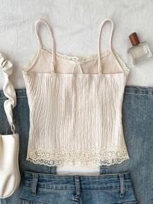 SHEIN 少女杏色针织纹理蝴蝶结蕾丝吊带背心，可叠穿或单穿，适合返校、度假和休闲穿着 - 杏色 - 查看 2