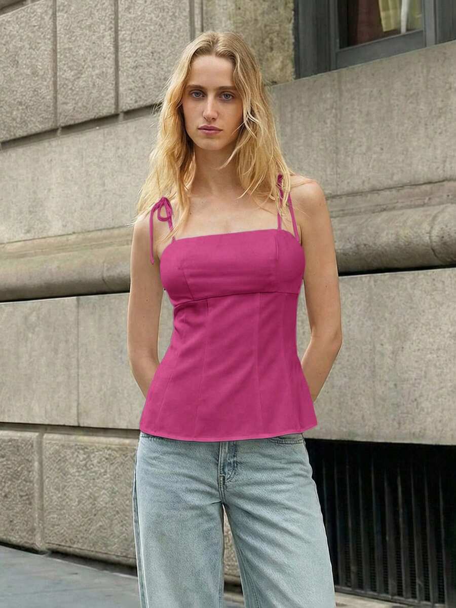 Maija 女士夏季无袖上衣，纯色系带简约优雅音乐会户外吊带背心，方领上衣，粉色长款上衣，带胸垫，圣帕特里克节女士复活节夏季复活节女士派对上衣，海滩夏季假期，女士夏季外出毕业典礼休闲女式衬衫 - 中紫紅色 - 查看 1