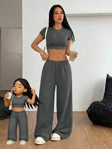 SHEIN PETITE 女款純色圓領短袖短版上衣與抽繩腰寬腿褲休閒兩件套，適合嬌小女性 - 深灰色 - 查看 8