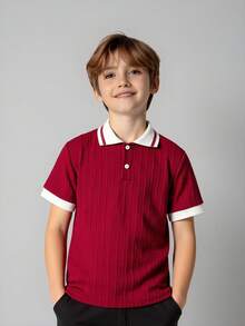 SHEIN Vacaura Tween Boy Casual Contrast Binding Short Sleeve Polo Shirt, Textured Fabric, Suitable For Daily Commute & Sports, Summer - Burgundy - View 6