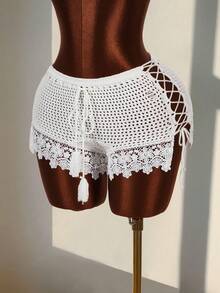 Amplova Pantalones cortos de punto con diseño de cruce y calados para vacaciones en la playa de mujer - Blanco - Ver 2