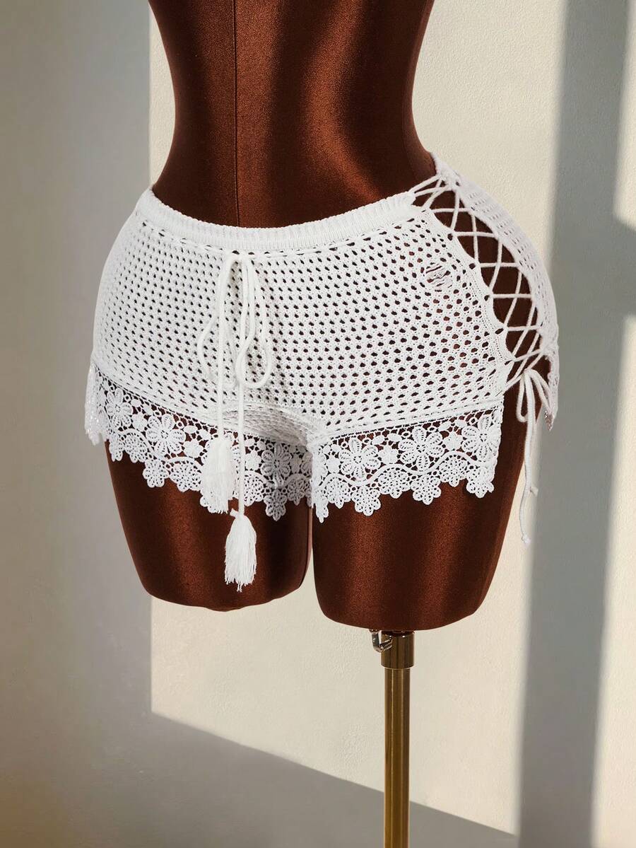 Amplova Pantalones cortos de punto con diseño de cruce y calados para vacaciones en la playa de mujer