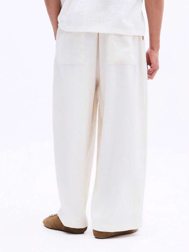 크롭 핏 남성용 린넨 와이드 레그 캐주얼 팬츠 전체 길이 여름 통기성 릴렉스 핏 드로스트링 허리 경량 내추럴 팬츠 봄 리조트 휴가복