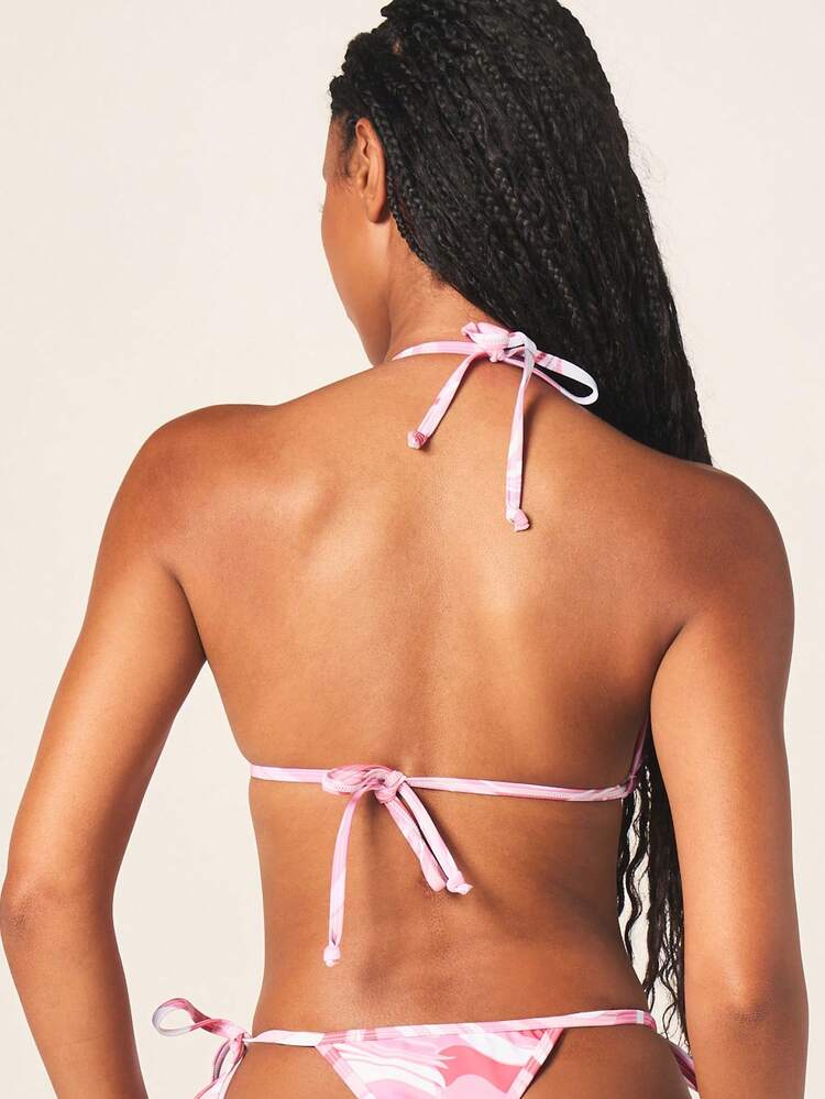 MISSGUIDED Halter Tie Bikini Set With Pink Swirl Pattern And String Bottom For Beach Vacation Swimming Pool Summer Holiday Swimwear