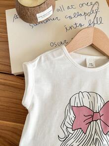 SHEIN LMoss Kids Bộ đồ 2 món mùa hè dễ thương cho bé gái: Áo thun ngắn tay và quần cạp chun màu xanh dương. - Hồng - Xem 5