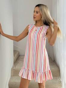 Easowa 女士条纹圆领褶皱休闲度假迷你连衣裙，休闲服装 - 彩色 - 查看 4