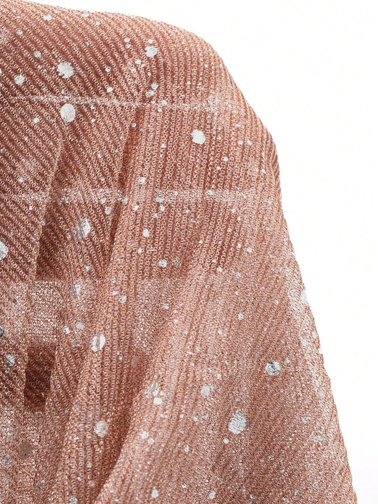 Sequin Shiny Pink Party/Back To School Mesh Patchwork Tie Front Off Shoulder Long Sleeve Crop Top, Suitable For Summer, Autumn & Spring