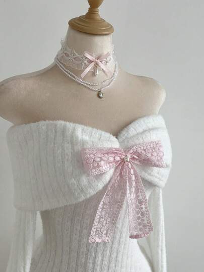 Elamini 1pc White Off Shoulder Backless Faux Mohair Ribbed Dress With Pink Bow & Faux Pearl Decor, Long Sleeve Bodycon Y2K Retro Cute Party Dress For Women, Autumn/Winter, Christmas, New Year