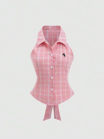 Sweetra 女士时尚休闲格子印花刺绣无袖衬衫