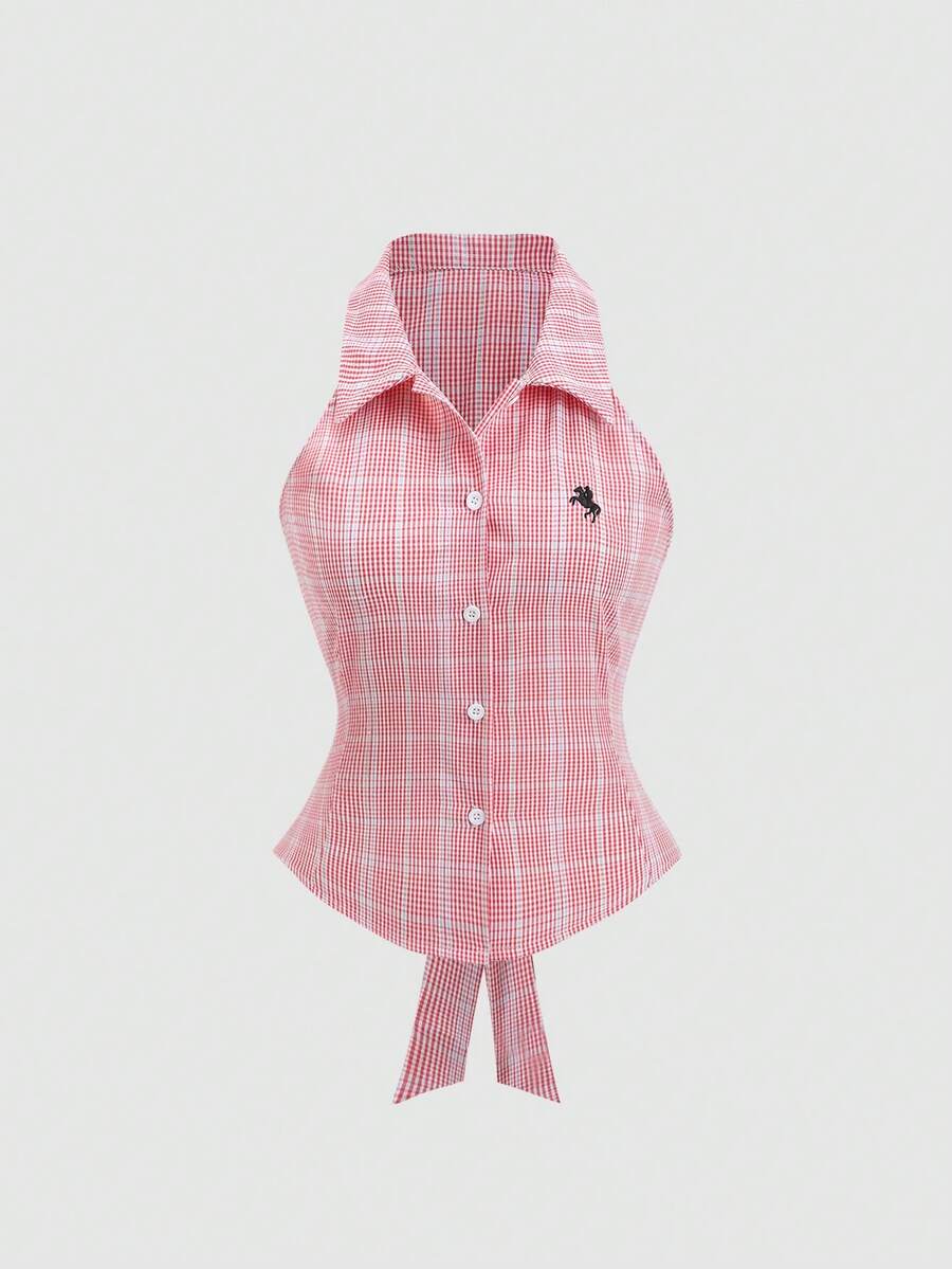 Sweetra Women's Fashion Casual Plaid Print Embroidered Sleeveless Shirt - Pink - View 1