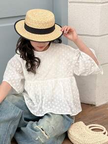 Dazy Kids Tween Girls' Floral Embroidery Decor Round Neck Casual Versatile Daily Wear Short Sleeve Blouse Summer - White - View 9
