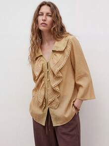 Maija Áo kiểu ren xếp ly dáng rộng cho nữ, thoải mái khi đi nghỉ mát, thanh lịch và mát mẻ, áo kiểu phương Tây mùa xuân hè, áo kiểu màu đất, áo kiểu công sở xếp ly - Màu be - Xem 6