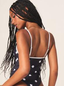 MISSGUIDED Contrast Binding One Piece Swimsuit With Polka Dot Print And Crisscross Back Straps Summer Beachwear - Black and White - View 2