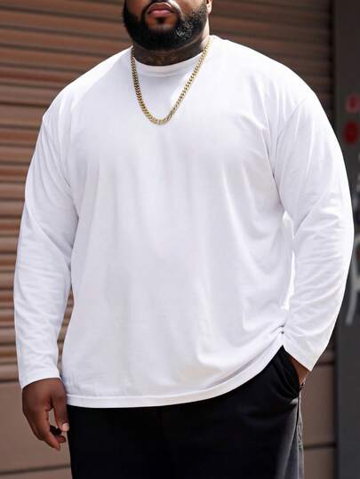 ResortEase Plus Size Men's Solid Color Round Neck Long Sleeve Simple Casual Top Tee, For Fall