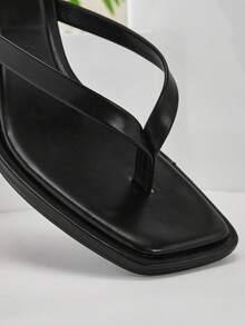 SHUZIA Women's Minimalist Comfortable Square Toe Thong Strap Heeled Sandals Valentine's Day - Black - View 6