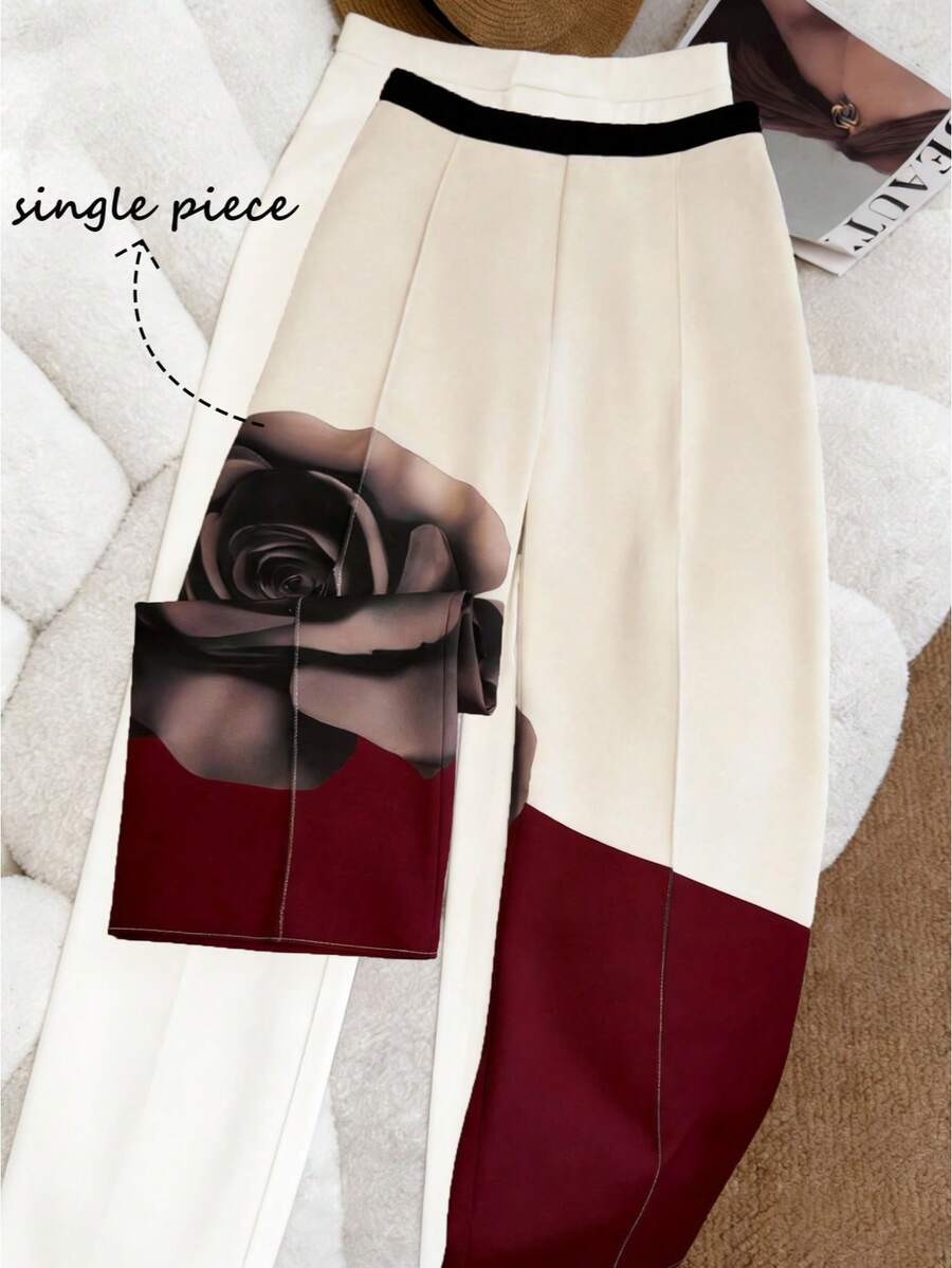 Franclia 女士夏季阔腿裤，黑色腰带，杏红色底色数码印花花卉图案，前幅热转印线条设计，百搭版型，梭织面料，休闲时尚，年轻通勤风 - 彩色 - 查看 1