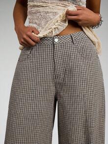 COUREZ Unisex Women Men Low Rise Baggy Barrell Fit Check Trousers Cotton - Coffee Brown - View 6