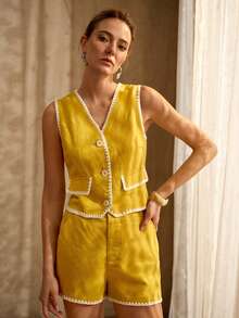 MOTF PREMIUM CONTRAST TRIM BUTTON UP VEST & SHORTS SET - Mustard Yellow - View 6