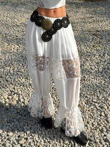 Muchica Women's Casual Daily Contrast Mesh Floral Embroidery Ruffle Hem Long Pants - White - View 4