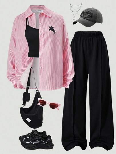 SHEIN مجموعة 3 قطع من الملابس اليومية للمراهقات، قميص بطبعة زهرية طازجة، توب أساسي، وبنطلون ساق واسعة بلون أحادي، مناسبة للربيع والصيف