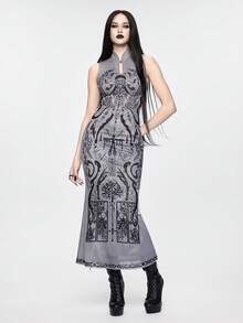 ROMWE Goth 暗黑学院风中国神话生物印花修身连衣裙 - 彩色 - 查看 2