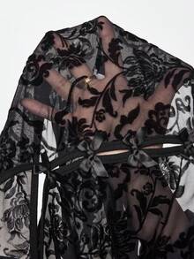 ROMWE Gothic Floral Flocked Mandarin Collar Fitted Vest - Black - View 7