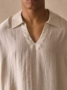 Musero Oversized Short Sleeve Deep V Neck Collared Drop Shoulder Thick Hem Linen Shirt Spring Summer Essentials Beachy Holiday - Apricot - View 2