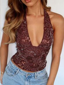 Siren Gaze Women's Spring/Summer Sequined Embroidered Halter Neck Top, Vacation-Style Bohemian Deep V Sequined Embroidered Brown Top. - Brown - View 9