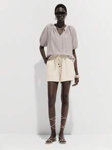 SHEIN Holidaya Linen Straight Leg Shorts With Slant Pockets, Waist Decor Tassel & Beaded Belt Shorts For Women Summer Shorts For Women Holiday Linen Shorts For Women - Apricot - View 7