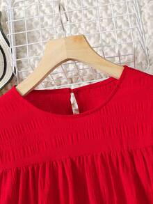 SHEIN Teen Girls Red Solid Textured Chiffon Ruffle Hem Casual Vacation Midi Dress - Red - View 5