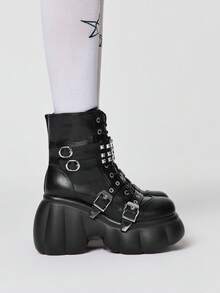 ROMWE Grunge Punk Women Heeled Sandals~ 2026 New Fashion Autumn And Winter Punk Style Black PU Round Head Wedge Heel Thick Bottom Rivet Metal Buckle Front Zipper Buckle Small High Heel Riding Boots Spice Girls Short Boots - Black - View 4