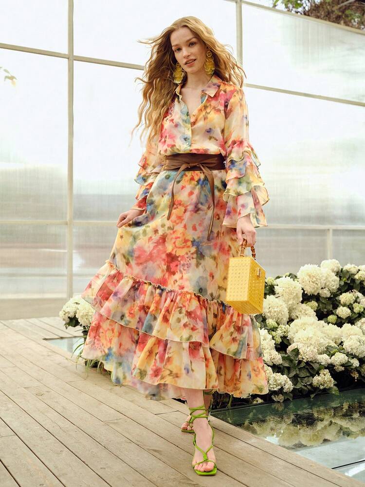 SAIA ROMÂNTICA E ELEGANTE ESTAMPADA EM PATCHWORK PARA MULHERES, PRIMAVERA/VERÃO