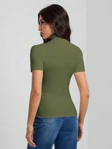 SHEIN Tall Áo thun nữ cổ cao tay ngắn màu đen trơn cơ bản - xanh quân đội - Xem 2