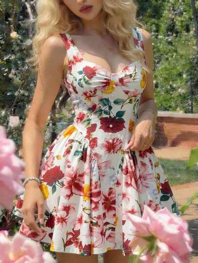 SHEIN MOD Women's Floral Print Ruched Waist Elegant Camisole Mini Dress, Valentine's Day, Retro, Vintage, Date, Wedding Guest Dress, Prom Dress, Birthday Dress, Elegant Dress ,Terrace Chill, Floral Dresses For Women, Elegant Dresses, Tea Party Dress, Carnival Outfit,  Garden Party Dress, Spring/Summer Outfits