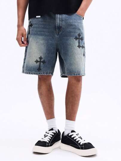 SUMWON Vintage Wash Denim Shorts With Cross Embroidery Gothic Graphic Design Mid Thigh Length Summer Casual Streetwear