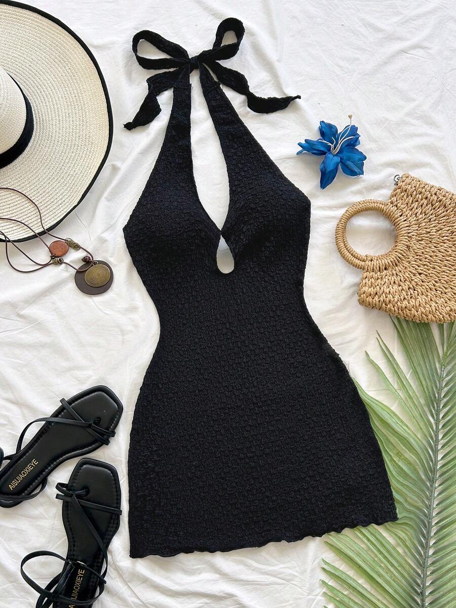 Soleia Casual Vacation Western Beach Wedding Guest Attire Graduation Brunch Women's Dress, Elegant Bohemian Tropical Strapless Backless Office Sleeveless Textured Brown Knit Mini Dress - Black - View 1