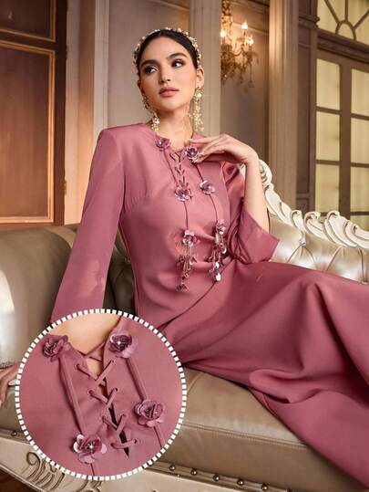 Al Najma Women's Elegant Arabic Style Dress With 3D Floral Decor And Tie-Up Detail, 3/4 Sleeve Formal Elegant Party Uxury Evening Dresses Wedding Party Dress Dusty Pink Women Dress