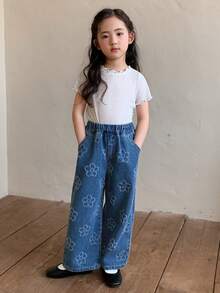 DAZY 年轻女孩弹力腰带印花休闲百搭阔腿牛仔裤 - 藍色 - 查看 2