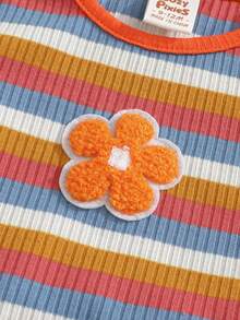 两件套女婴彩色针织条纹撞色花卉图案休闲圆领短袖上衣和松紧腰短裤套装，甜美可爱，适合夏季、户外休闲、室内居家穿着。 - 橘色 - 查看 4