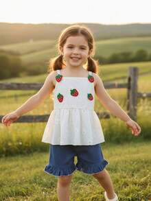 SHEIN Vintaside Kids Conjunto de estilo campestre para niña, hecho de tela jacquard calada beige con decoración de fresas, incluye camiseta de tirantes y shorts vaqueros, adecuado para actividades al aire libre como recoger, picnics y paseos en el parque - Albaricoque - Ver 5