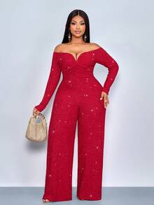 SOLERSUN Women's Fashionable Elegant V-Neck Off Shoulder Long Sleeve Party Night Club Sparkly Fabrics Jumpsuits, Suitable For Christmas Party Valentine's Day Dating,Fall,Winter,Sexy,Party,Elegant,Chinese Red,2026,New Year - Red - View 7