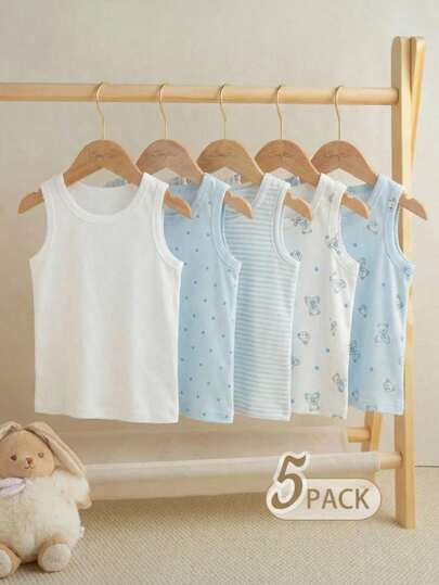 Souflis Souflis 5pcs/Set French Style Casual Knit Sleeveless Crew Neck Tank Tops, Can Be Worn As Undershirts, Suitable For Outings, Casual Wear, Travel, Fits 6 Months To 3 Years Old Baby Boys Baby Boy Sleeveless