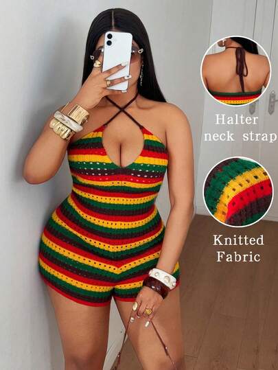 Maweii Women's Elegant Casual Sexy Simple Boho Cute Beach Vacation Outfits Women Y2k Fashion Young Halter Neck Sleeveless Hollow Out Backless Tie-Back V-Neck Colorful Striped Slim Fit Short Plus Size Knitted Sweater Jumpsuit, Spring Summer