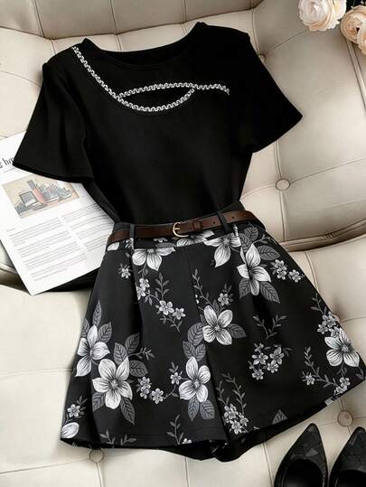 GlowEve CURVE Plus Size Dam 2-delat Set: Kortärmad T-shirt och kjol