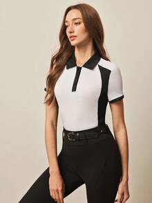 With My Calm Top équestre à col polo ajusté et manches courtes pour femmes, pour les sports et les activités de plein air. Vêtements équestres, chemises de golf pour femmes. Tenue d'équitation et de golf pour femmes. Polo de travail pour femmes. Polo athlétique pour femmes. Polo d'équitation pour femmes. Chemise d'équitation pour femmes. - Noir et Blanc - Voir 5