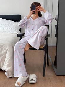 DAZY Ditsy Floral Ruched Shoulder Loose Women Pajama Set - Pink - View 6