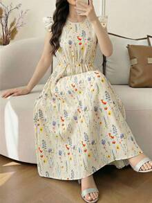 Sparklyn Floral Print Cap Sleeve Waist Cinched Dress For Teen GirlSuitable For Vacation, Casual And Daily Wear - Red - View 3