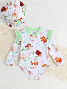 Baby Girl Cartoon Mermaid Print Patchwork Ruffle Trim Zipper Front One-Piece Swimsuit - Multicolor - View 6