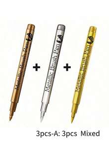 SHEIN 3pcs/Set Metallic Marker Pens - Set Of 3 Gold, Silver, And Copper Permanent Paint Pens For Crafts, Scrapbooking, And Fabric Art - Vibrant Colors And Smooth Application Back To School - Multicolor - View 22