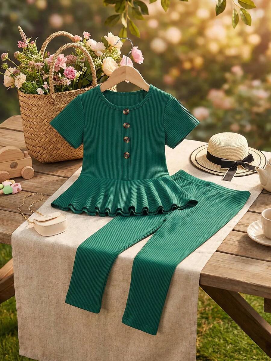 SHEIN Elladie kids Joven Chica - Sudadera De Manga Corta Con Ribete De Punto Acanalado, Botones Falsos Y Pantalones Acampanados - Verde Oscuro - Ver 1